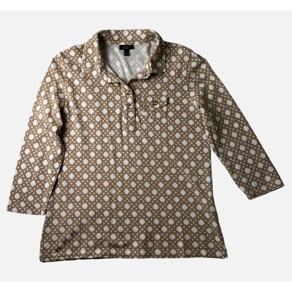 Talbots Womens Beige & White Geometric Print Polo Shirt With 3/4 Sleeves Sz M - Picture 9 of 9